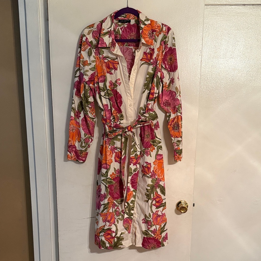 Lane Bryant White Floral Shirt Dress with Pink and Orange Blooms
